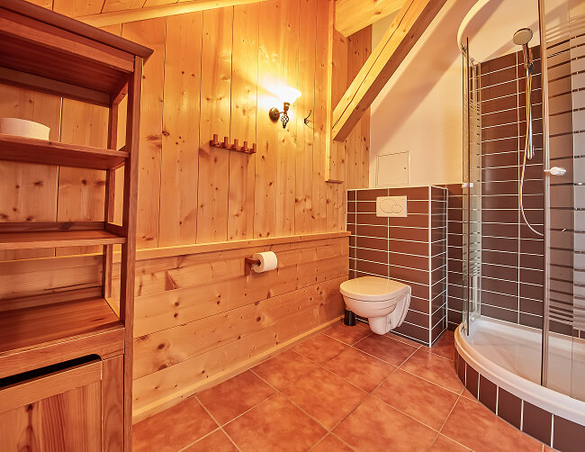 Helles Bad mit Holzvertäfelung, WC und Dusche.