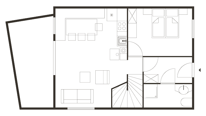 Grundriss einer Wohnung mit Betten, Herd und Treppe.