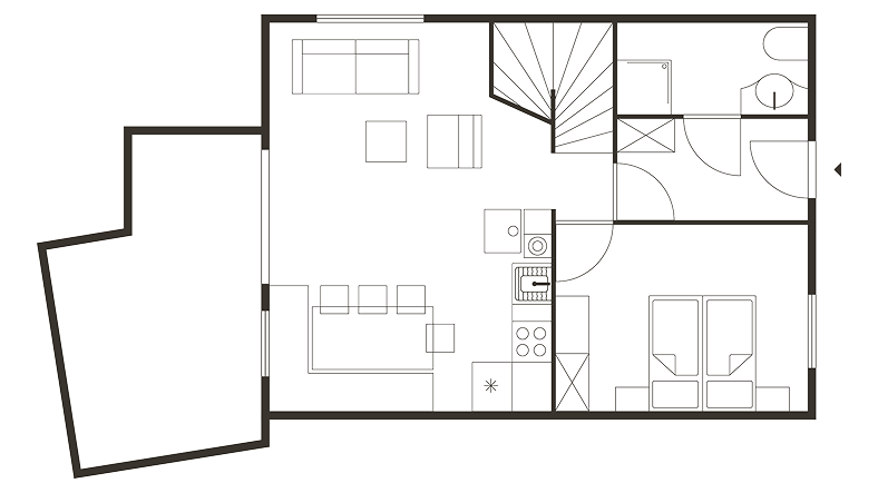 Hausgrundriss mit Zimmern, Möbeln und Treppe.