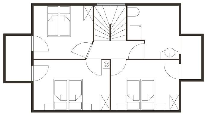Grundriss mit 3 Schlafzimmern, Bad und Treppe.