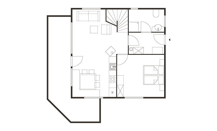 Wohnungsgrundriss mit Räumen, Möbeln und Treppe.