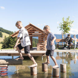 Zwei Jungen balancieren barfuß auf Holzstämmen im Wasser.