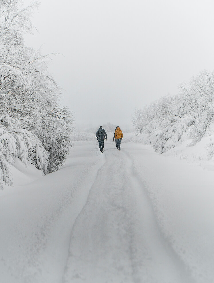 Zwei Personen wandern auf tief verschneitem Weg zwischen Bäumen.