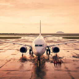 Weißes Passagierflugzeug auf nassem Rollfeld bei Dämmerung.
